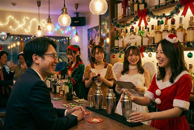 ガールズバーでクリスマスコスプレをする女性達と男性客