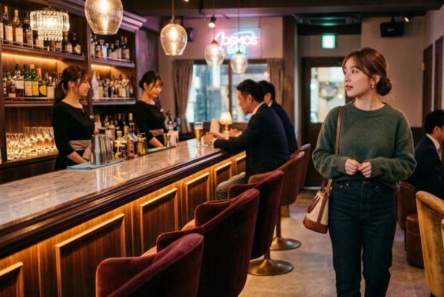 バーに着た緑の服の女性。カウンターでは接客する女性と飲んでいる男性