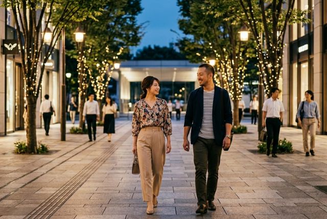 夜に並んで歩く男女