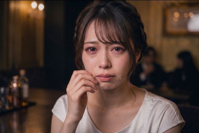 泣いている白いトップスの女性