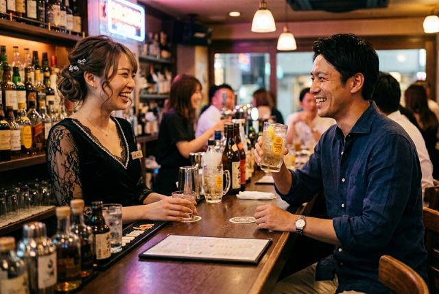バーカウンターでお酒を飲む男性と接客する若い女性