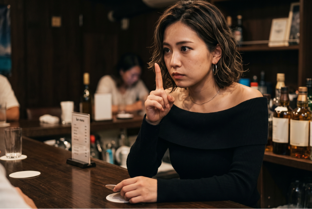 人差し指を立てて真剣な表情の女性