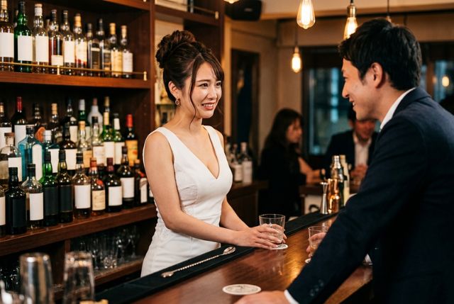 バーカウンターで男性に接客する引き攣った笑顔の女性