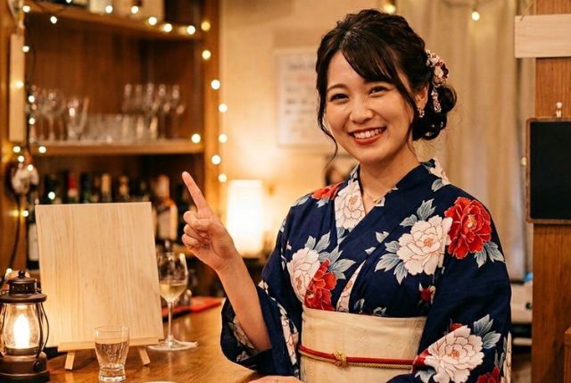 お酒がたくさん入った棚の前で浴衣を着た女性が人差し指を立てている