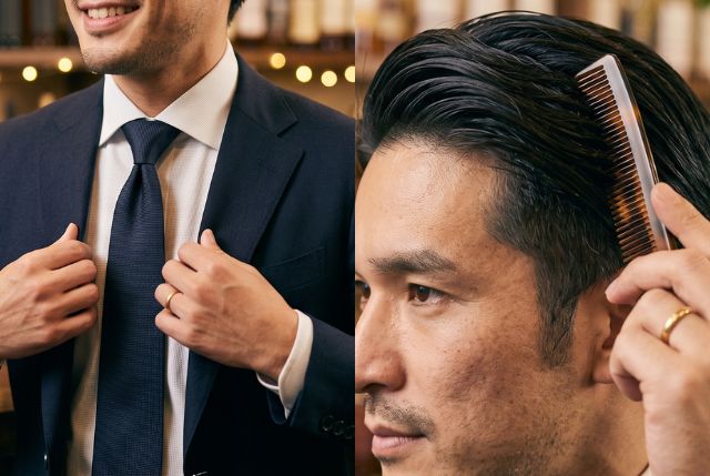 スーツの襟を正す男性と髪を櫛でとく男性の横顔