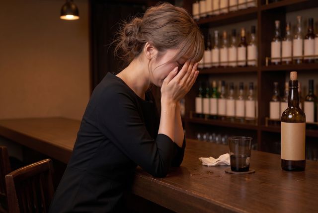 バーカウンターで泣いている女性