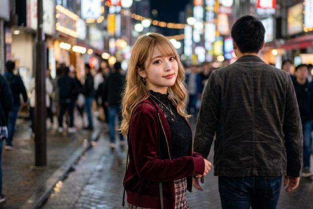 繁華街で振り返る金髪の女性
