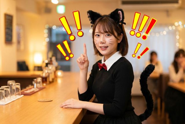 猫のコスプレをした女の子の周りにびっくりマーク