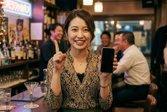 ガールズバーで左手にスマホを持って右手で人差し指を立てて笑顔の女の子