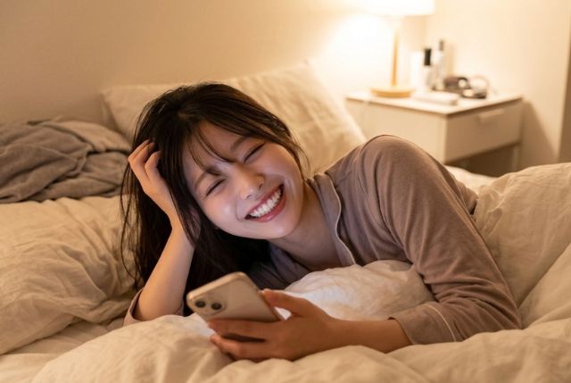 ベッドでスマホを触る笑顔の女性