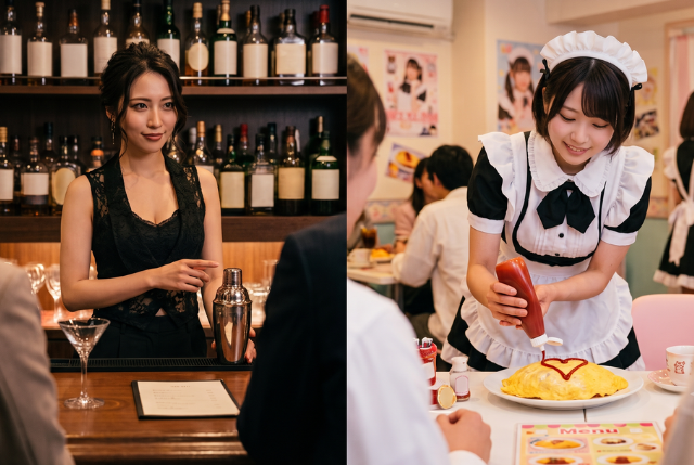 お酒の用意をする黒服の女性とオムライスにケチャップでハートを書くメイド服の女性