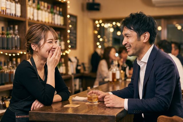 笑顔で会話するバーテンダーの女性と男性客