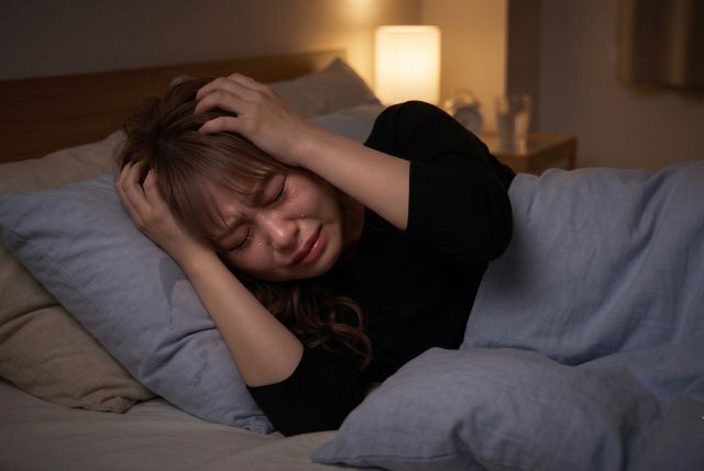 ベッドで泣きながら頭を抱える女性