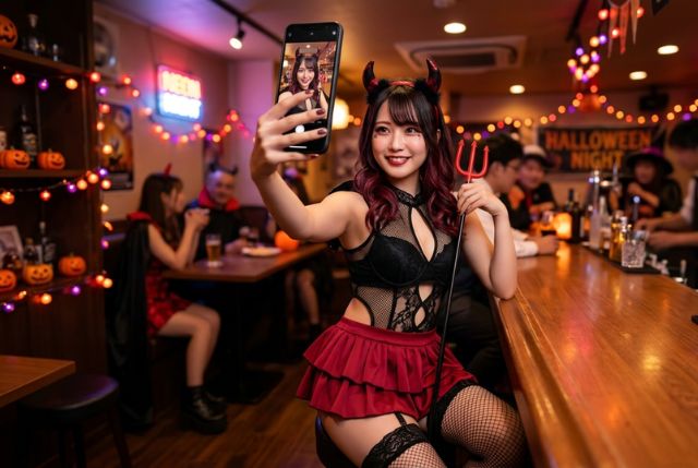 スマホで自撮りするハロウィンコスプレの若い女性