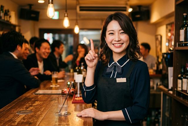 バーカウンターに立つ人差し指を立てる笑顔の女性