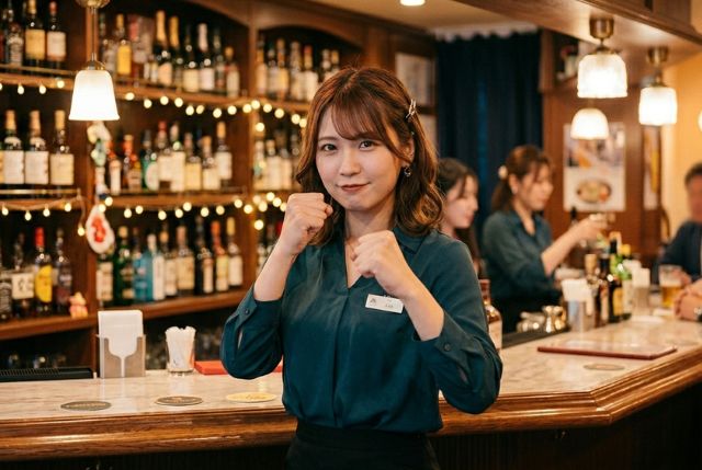 ファイティングポーズをするガールズバーの女性