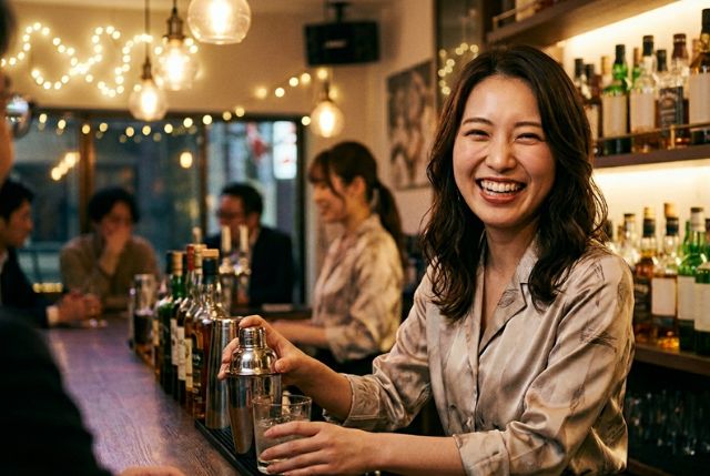バーカウンターでお酒を作りながら笑顔の若い女性