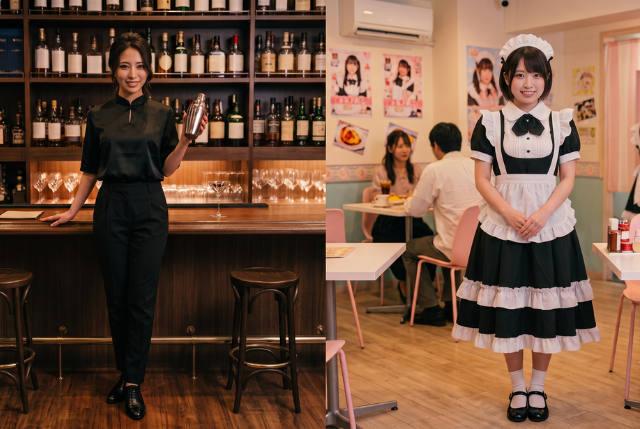 黒いシャツにパンツの女性とメイド服の女性