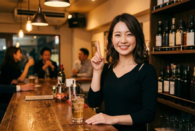 バーカウンターで人際指を立てる若い女性