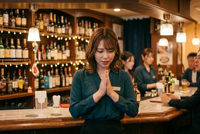 ガールズバーで手を合わせて謝るようなポーズの女性