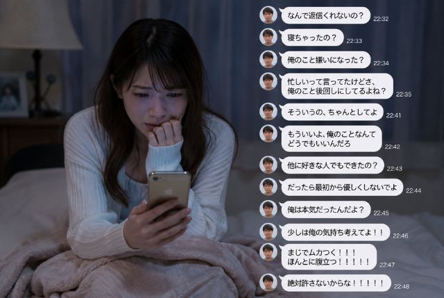 家のベッドでスマホを持って泣きそうな女性。吹き出しで50代くらいの男性がめちゃくちゃメッセージを送ってきている様子