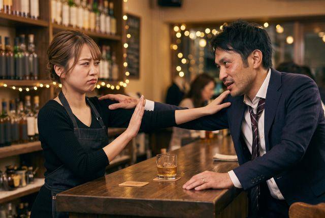 女性の肩に触れる男性とそれを止めるバーテンダーの女性