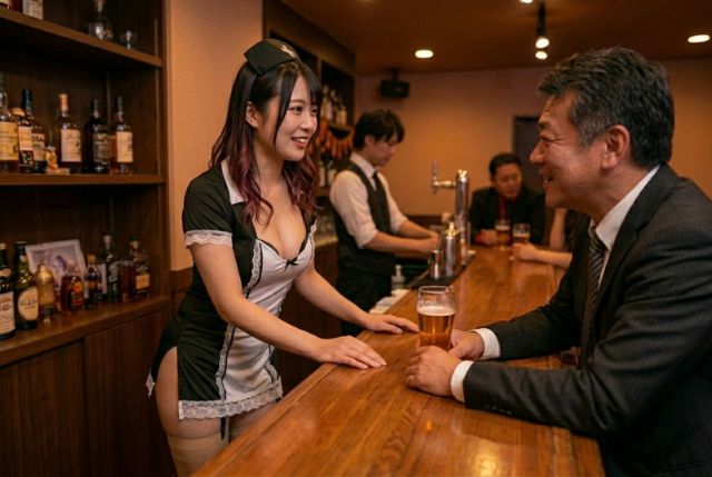 コスプレした若い女の子と男性客