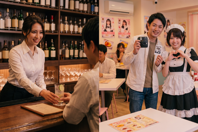 男性にお酒を渡す女性と男性とチェキを撮るメイド服の女性