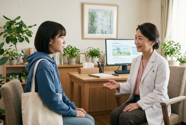 白衣の女性と話す若い女性