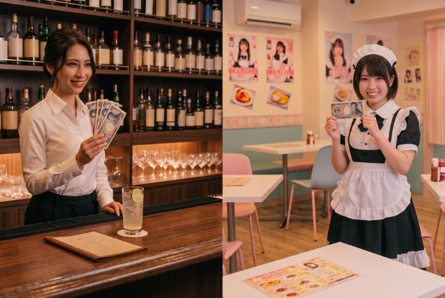 3000円持つ白いシャツの女性と1000円持つメイド服の女性
