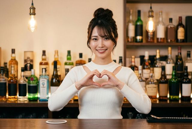 ハートマークを作る白いトップスを着た女性