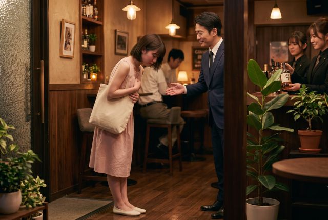 スーツの男性にお辞儀するピンクのワンピースを着た女性
