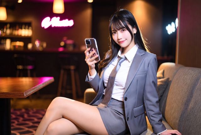 教師のコスプレでスマホを持って微笑む女性
