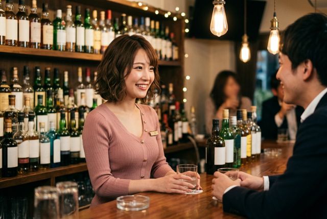 バーで接客するピンクのトップスの女性とスーツの男性客