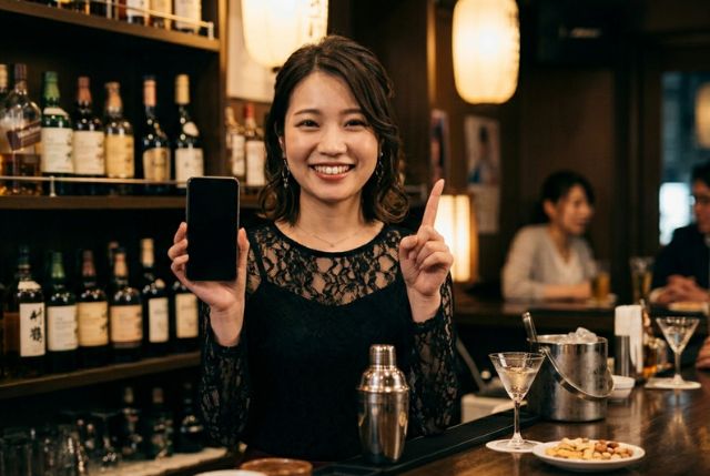 ガールズバーで左手にスマホを持って右手で人差し指を立てて笑顔の女の子