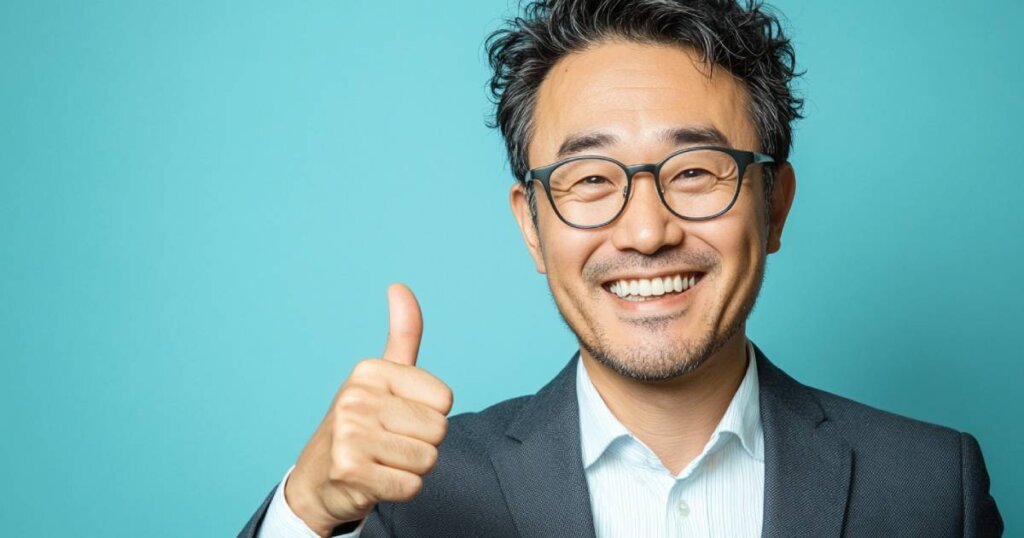 青い背景の前でグッドサインをしている男性