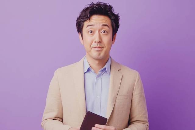 紫の背景の前でお財布を持って立っているスーツの男性