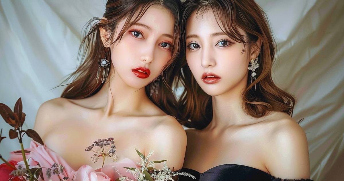ピンクと黒のイブニングドレスを着た2人の美しい日本人の女性