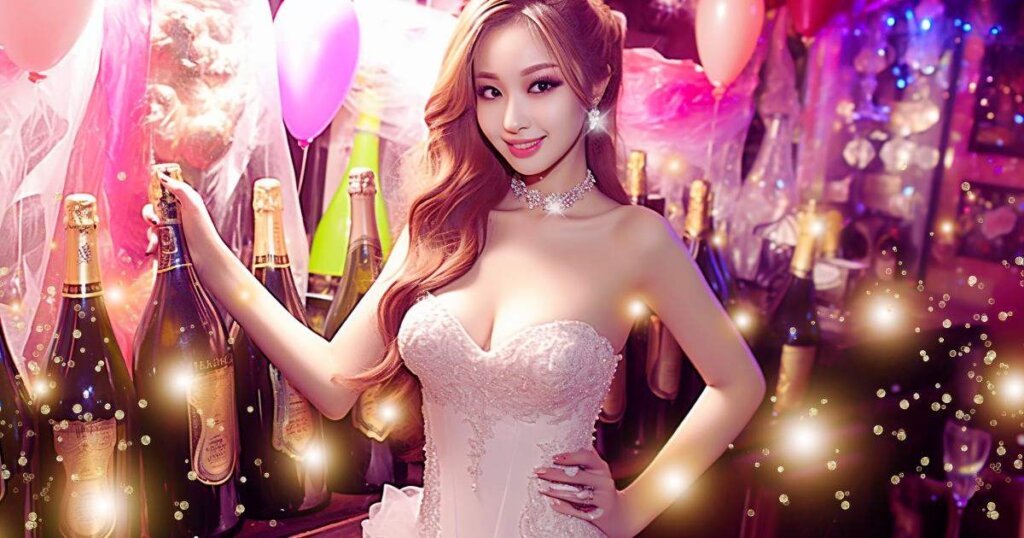 お酒のボトルに囲まれた華やかなドレスを着たキャバ嬢