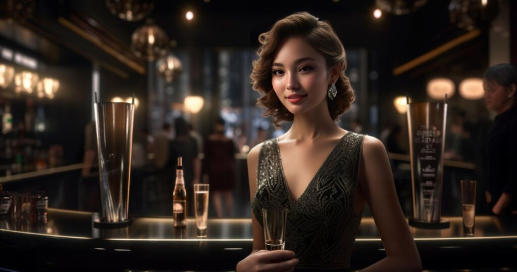 グラスを手に持って微笑むドレスの女性