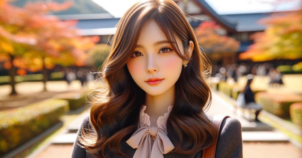 紅葉がきれいな道に佇むロングヘアの女子大生