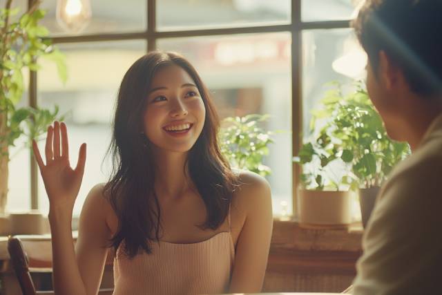 カフェで話している女性と男性の後ろ姿