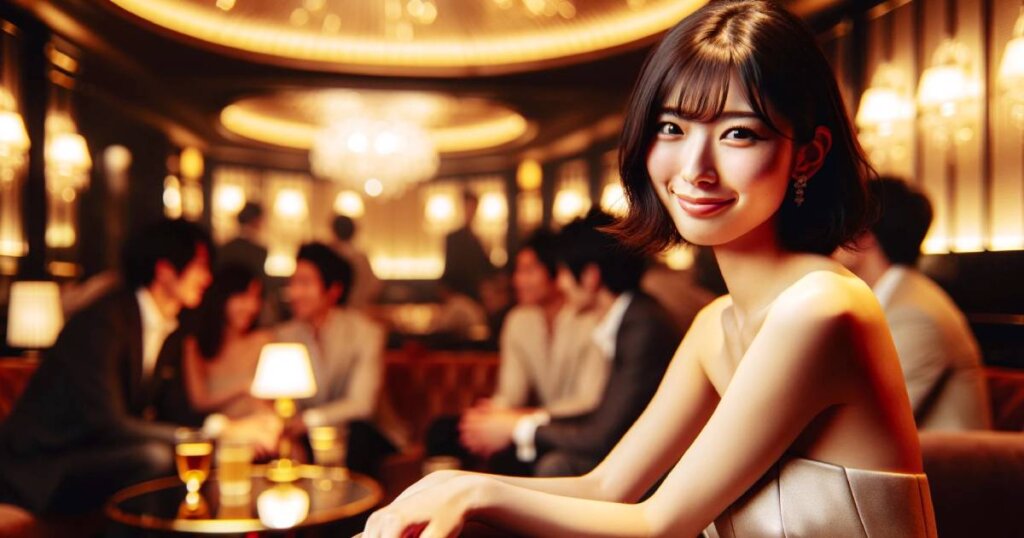 キャバクラの煌びやかな店内で笑いかけるキャバ嬢