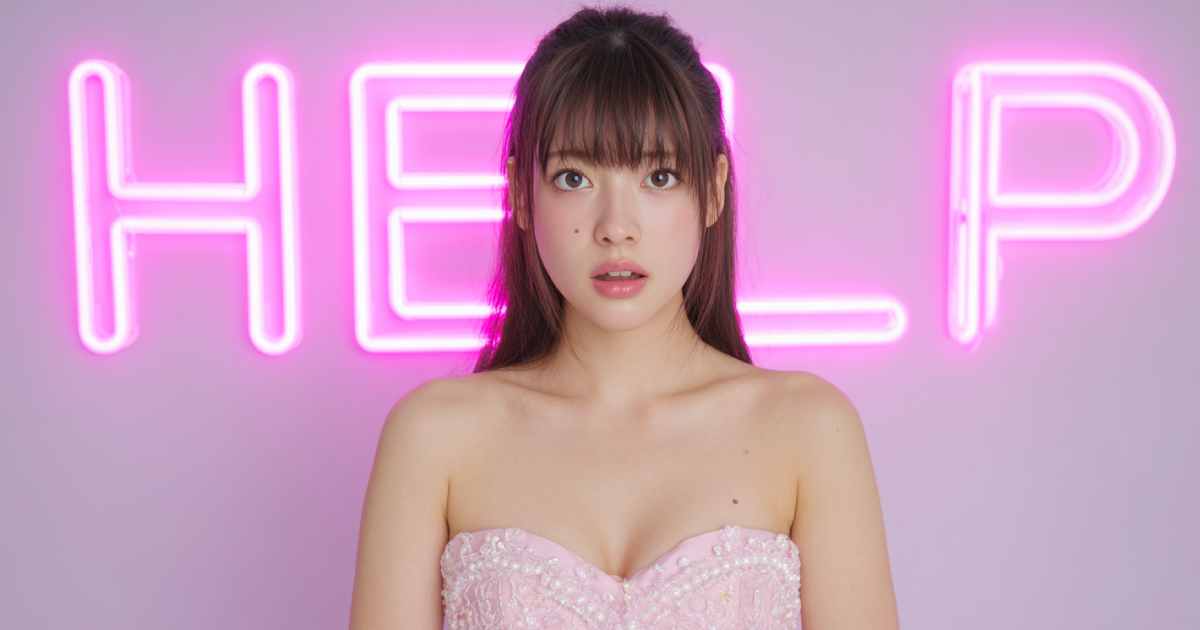 HELPと書かれたネオンの前にいるドレスの女性