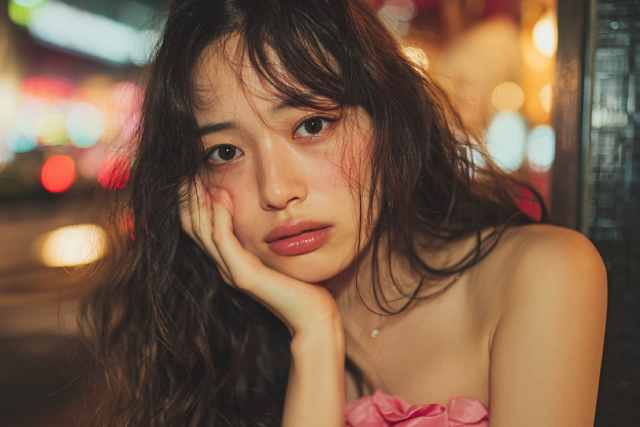 頬に手をあててこちらを見る女性