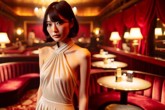 ホルターネックのドレスを着た華奢なキャバ嬢