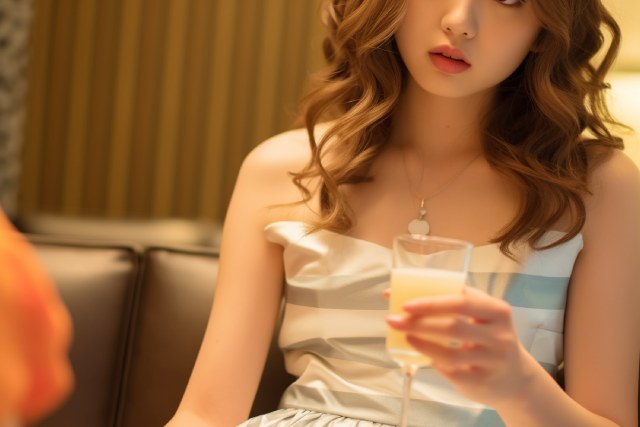 ドリンクを持つドレス姿のキャバ嬢