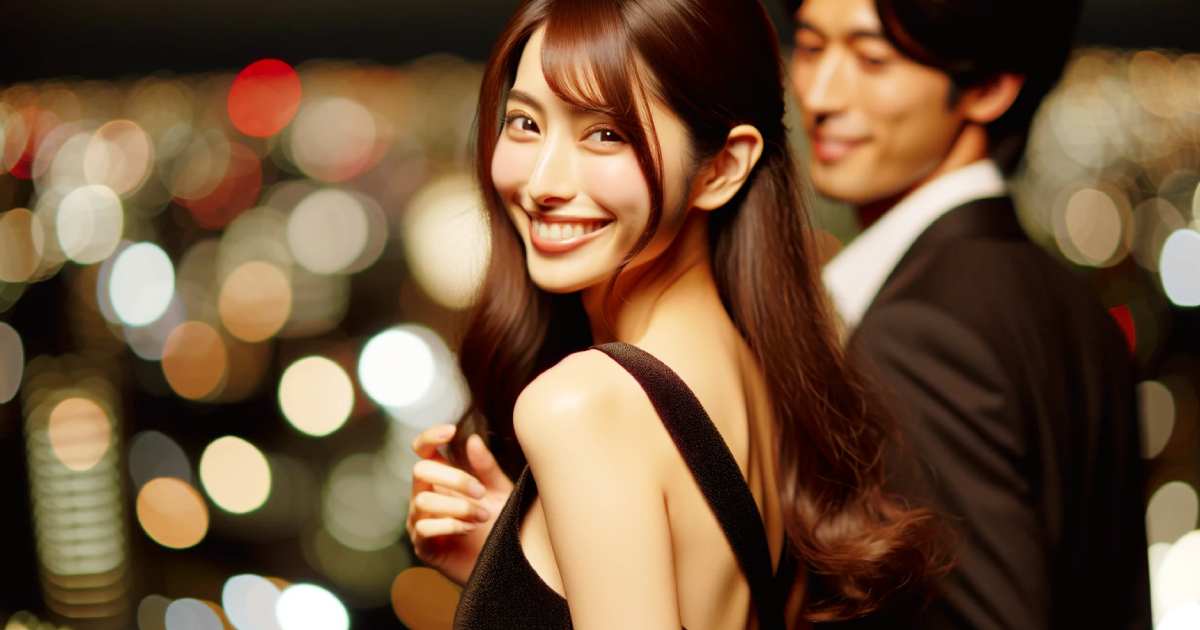 夜景を背に振り返りながら微笑む日本人女性