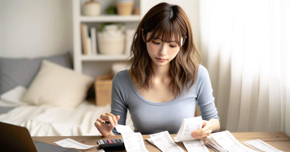 若い女性が自室でレシートを整理している