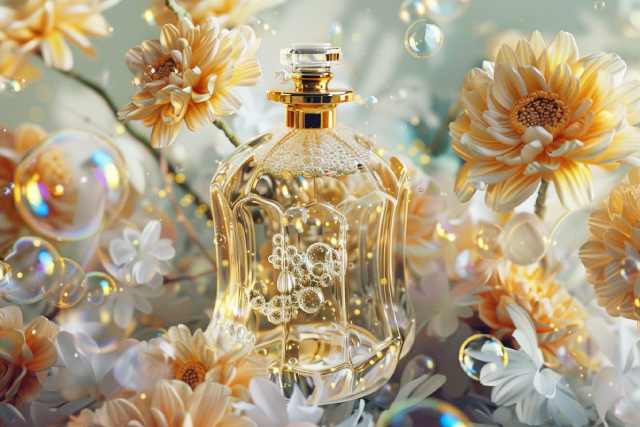 花の背景と香水の瓶